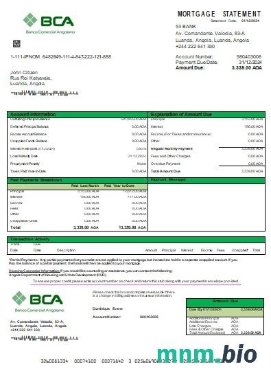 Angola Bank Handlowy Angolski wyciąg z kredytu hipotecznego szablon Word i PDF